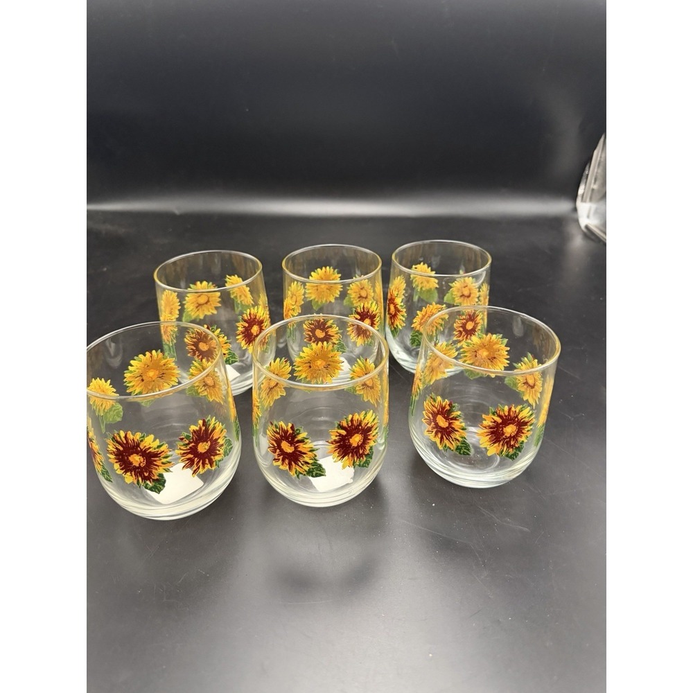 Set of 6 Crisa Sunflower 12 oz Double Old Fashioned Glasses Floral Tumblers